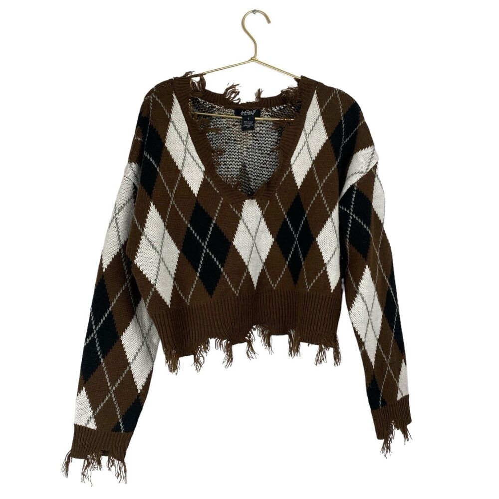 Just Polly Argyle‎ Distressed Crop Sweater Womens Large Brown White V Neck 523